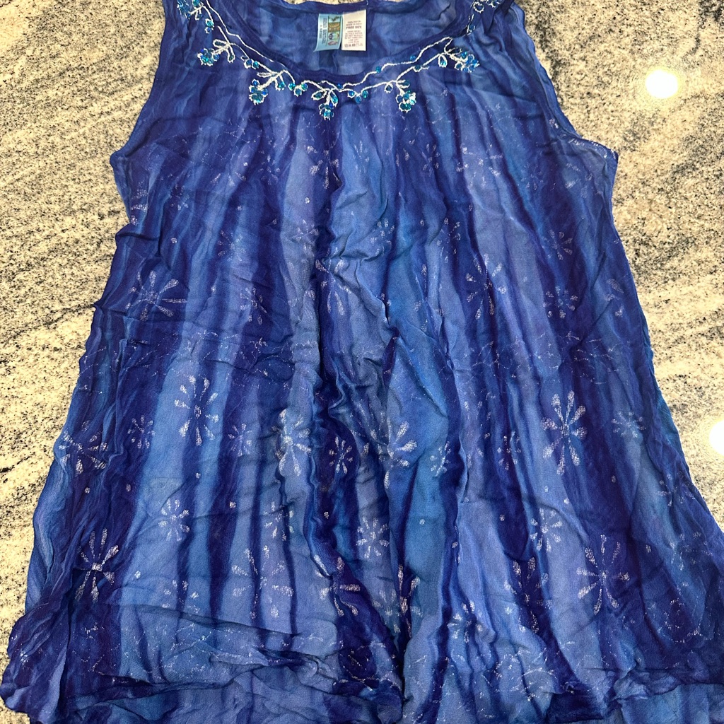 India Boutique Blue Crinkled Blouse With Beaded Neckline